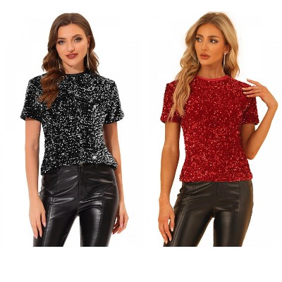 INSPIRE CHIC Women's Sequin Velvet Crew Neck Short Sleeve T-shirt 2 Packs