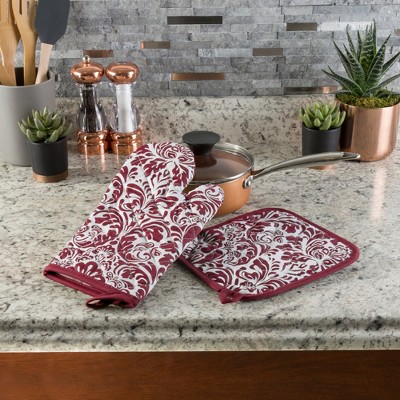 Burgundy and White Cotton Quilted Oven Mitt and Pot Holder Set
