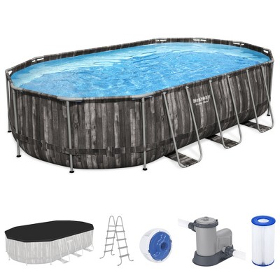 Bestway Power Steel Oval Metal Frame Above Ground Outdoor Backyard Swimming Pool Set with Filter Pump, Ladder, and Pool Cover
