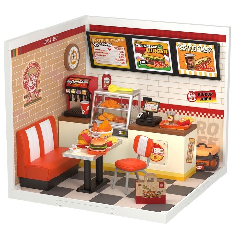 Детские куклы Etokfoks DIY Miniature Burger Restaurant House Kit 110 Piece Plastic Building Set with LED Light 6.4x7.1x6 Inch for Teens Adults