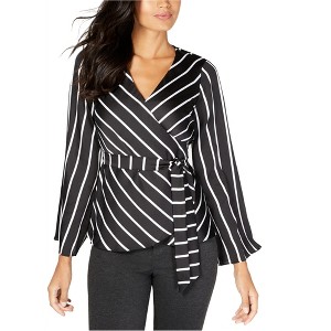 I.N.C International Concepts Womens Striped Wrap Blouse, Black, Small - 1 of 1