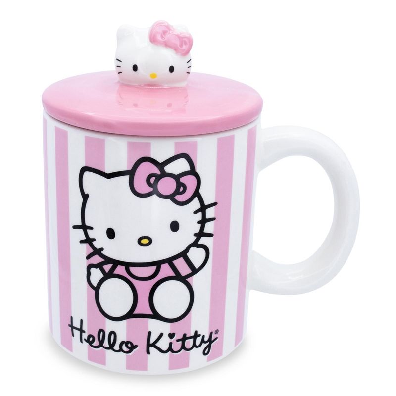 Silver Buffalo Sanrio Hello Kitty Pink Stripes Ceramic Mug With Lid | Holds 18 Ounces, 1 of 7