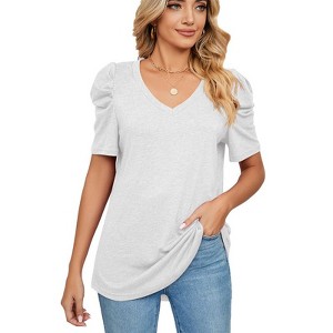 Coolmee Womens Summer Shirt V Neck Casual Tshirts Puff Sleeve Solid Color Tops - 1 of 4