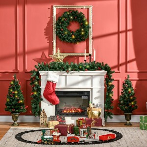Whisen Prelit Holiday Christmas 4-Piece Set, Garland Wreath and Set of 2 Entrance Trees, Red Berries, Pine Cones - 1 of 4