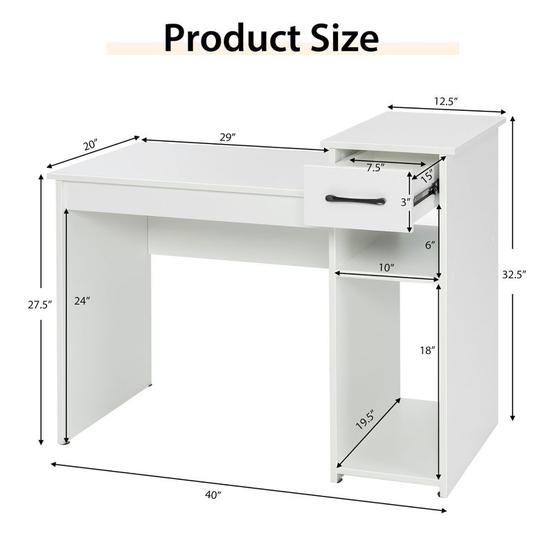Costway Computer Desk PC Laptop Table w/ Drawer and Shelf Home Office Furniture White, 4 of 11