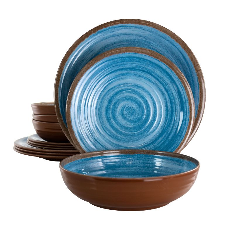 Elama Rippled Tides 12 Piece Lightweight Melamine Dinnerware Set in Blue, 1 of 12