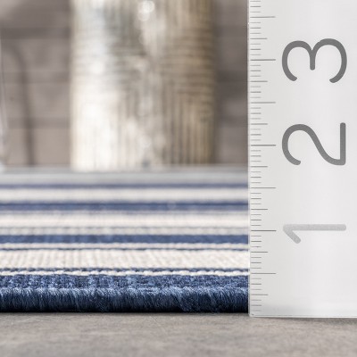 Navy Striped Washable Synthetic 8' x 10' Indoor/Outdoor Rug