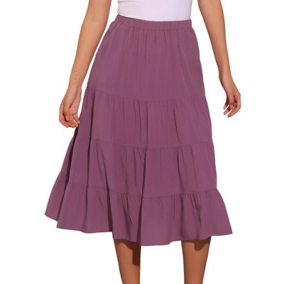 INSPIRE CHIC Women's Midi Solid Elastic Waist Flare Tiered A-Line Skirt with Pockets