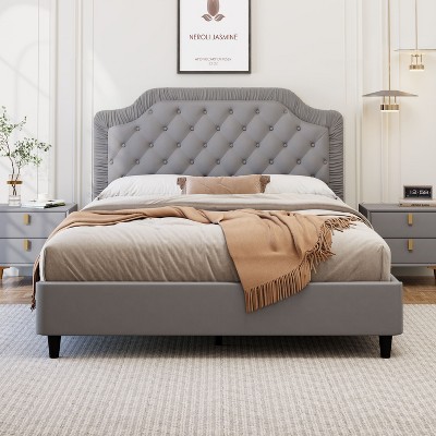 Okak Elegant Full Velvet Platform Bed Frame with Upholstered, Ruched Button Tufted Headboard Wood Slats No Box Spring Needed Easy Assembly, Gray