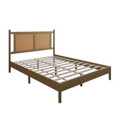 Walnut Full Wooden Platform Bed with Cane Headboard and Drawer