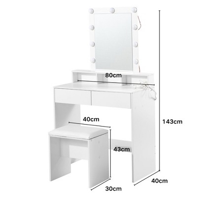 FurnitureR Make Up Vanity Desk Set, Vanity Desk with Mirror and Lights, Make Up Table and Stool Set, Wooden Dressing Table with 2 Drawers, White
