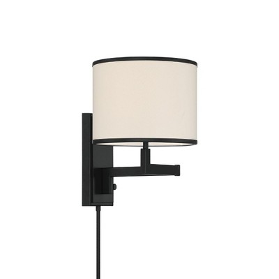 Matte Black Iron Swing Arm Wall Sconce with Silk Shade