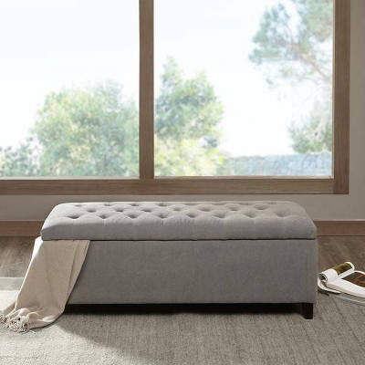 Gray Tufted Birch Storage Bench with Graduated Legs