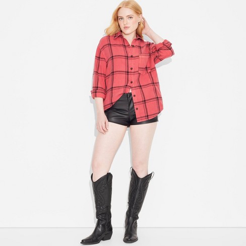 Women s Long Sleeve Oversized Flannel Button Down Shirt Wild Fable Red Plaid XXS