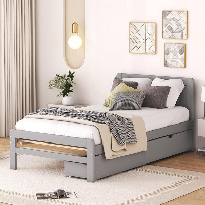 Acekool Twin Platform Bed with 2 Trundle Storage Drawers, Headboard, Sturdy Frame, No Box Spring Needed, Space Saving for Kids or Guest Room