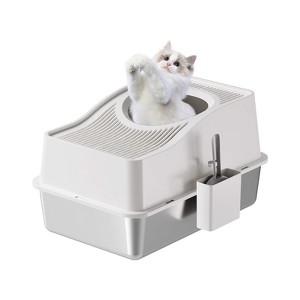 Fully Enclosed Stainless Steel Cat Litter Box with Hollowed, Elevated Lid and Sloped Design, Suitable for Cute Cats - 1 of 4