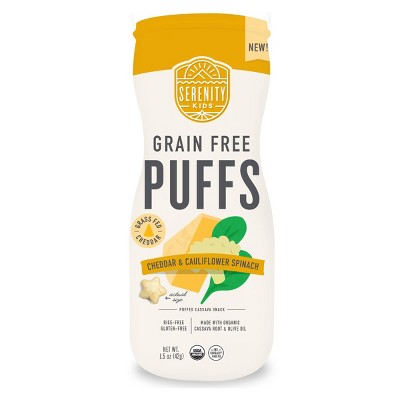 Serenity Kids Grass Fed Cheddar and Organic Cauliflower & Spinach Grain Free Puffs Baby & Toddler Snacks - 1.5oz