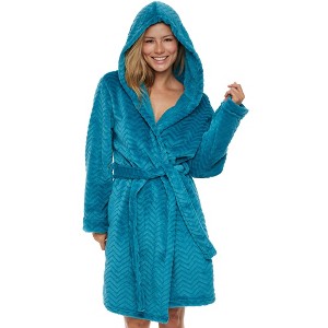 ADR Women's Warm Soft Plush Fleece Bathrobe with Hood, Knee Length Hooded Robe Short Woman - 1 of 4
