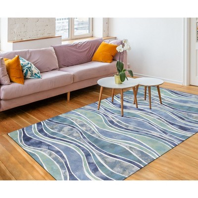 Handmade Blue Wave Ocean Rectangular Polyester Rug