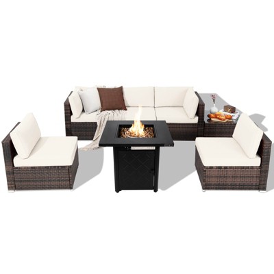 Tangkula Set of 7 Patio Furniture Set w/ 28" 50000 BTU Propane Gas Fire Pit Table Cushions