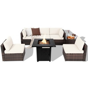 Tangkula Set of 7 Patio Furniture Set w/ 28" 50000 BTU Propane Gas Fire Pit Table Cushions - 1 of 4