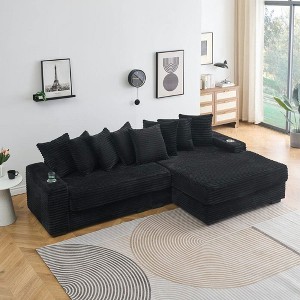 Resenkos 111.4" Reversible Chaise Sectional, Corduroy Fabric with Armrest Storage and Cup Holders, - 1 of 4