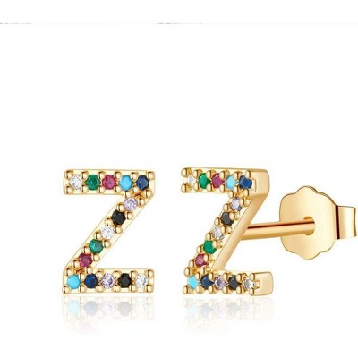 Hypoallergenic 925 Sterling Silver Earring Posts, Rainbow Cubic Zirconia, 26 Letter Earrings, Women's Jewelry Gifts