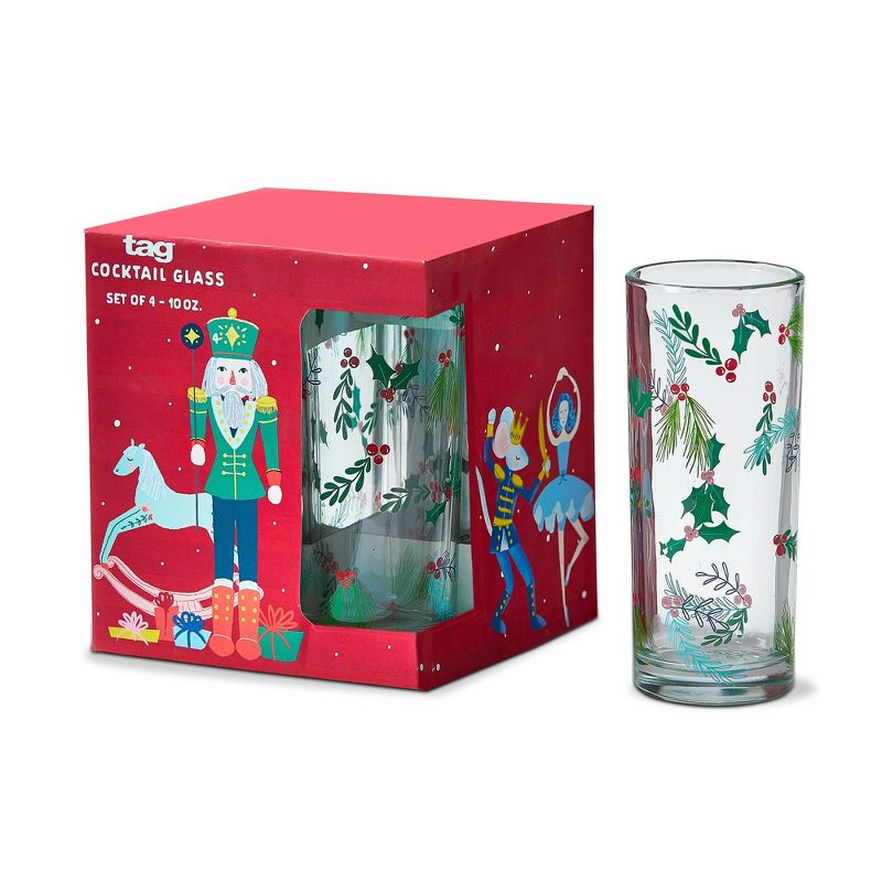 tagltd Set of 4 Nutcracker Suite Collection Clear Glass Drinkware with Holly and Sprig Details, Dishwasher Safe, 10 oz, 1 of 4
