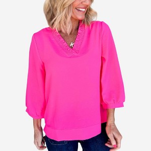 Amaryllis Women’s Textured V-Neck Top with Shirred Trim Three-Quarter Balloon Sleeves Relaxed - 1 of 4
