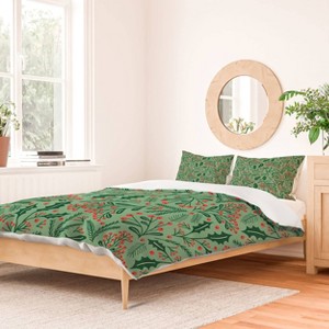 Deny Designs Full/Queen carriecantwell Winter Holiday Floral Duvet Cover and Pillow Sham Green - 1 of 4