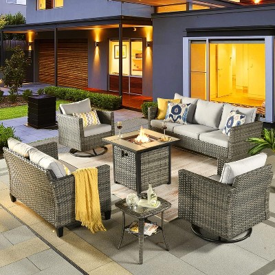 XIZZI 6 Pieces Patio Furniture Set with Square Fire Pit Table Swivel Rocking Chairs Loveseat Outdoor High Back Wicker Rattan Conversation Set