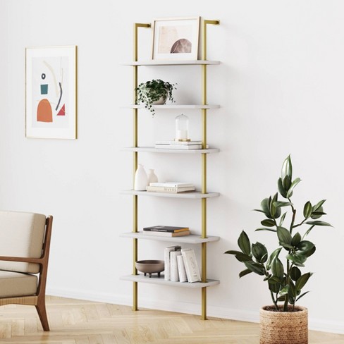 White bookshelf with 2024 wood shelves