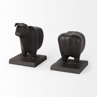 HomeRoots Set of Two 7" Black Fabric Bull Decorative Bookends