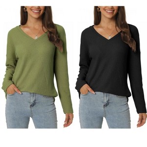 INSPIRE CHIC Women's V Neck Waffle Knit Long Sleeve Casual Tunic Blouses 2 Packs - 1 of 4