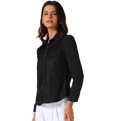 INSPIRE CHIC Women's Work Striped Lace Lapel Collar Button Down Long Sleeve Office Blouse