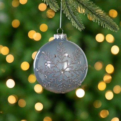 Set of 2 Blue Glass Ornaments with Silver Glitter Snowflakes