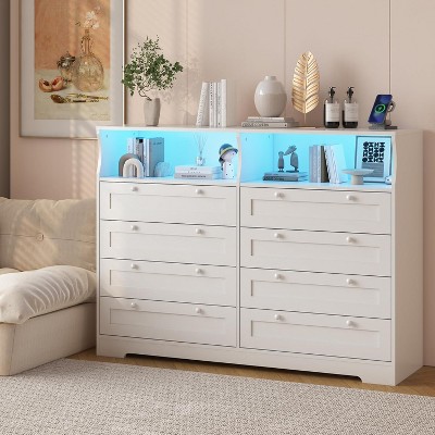 Dresser with 8 Drawers, Wood Bedroom Dresser with Charging Station & LED Lights