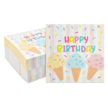 Blue Panda 100 Pack Happy Birthday Ice Cream Luncheon Paper Napkins for Party Supplies Decorations, 6.5 In