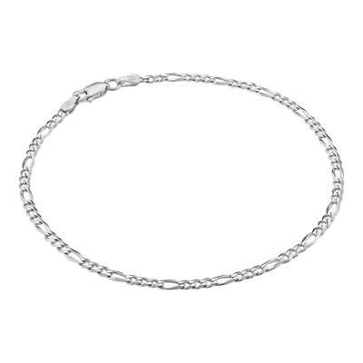 KISPER Solid 925 Sterling Silver Italian 3mm Diamond-Cut Flat Figaro Link Chain Anklet for Women - Made in Italy
