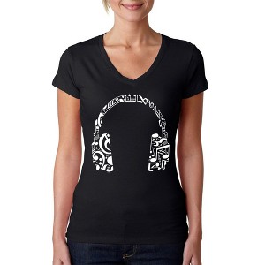 LA Pop Art Women's Word Art V-Neck T-Shirt - Music Note Headphones - 1 of 4