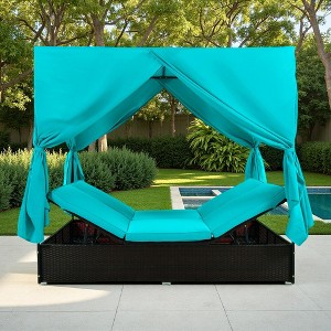 Outdoor Patio Rattan Canopy Daybed Sunbed with Curtain and Adjustable Seat - 1 of 4