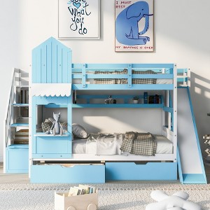 NicBex Full Over Full/Twin over Twin Bunk Bed with 2 Drawers 3 Shelves,Castle Style Loft Bed with Slide for Bedroom,Pink/White/Gray/Blue - 1 of 4