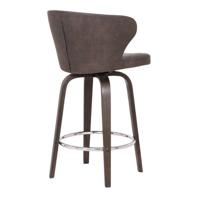 26" Brown Faux Leather Swivel Bar Stool with Wood Base