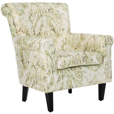 Contemporary Floral Green Linen-Blend Wood Accent Chair