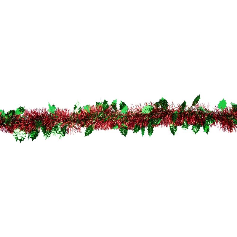 Northlight 12' x 4" Unlit Shiny Red Tinsel with Green Holly Leaves Christmas Garland, 4 of 6
