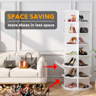 White 7-Tier Revolving Shoe Rack Tower with Wood Shelves