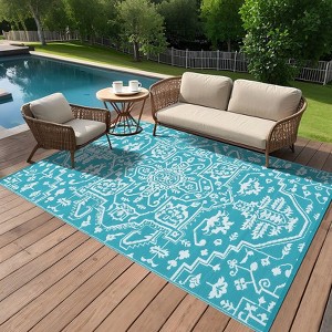 Waterproof Indoor Outdoor Rug 9x12 Large Reversible Plastic Straw Patio Rug, UV-Resistant Vintage Medallion Carpet, Easy-Cleaning RV Mat for Deck - 1 of 4