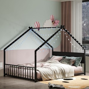 Kumasinova Kids House Bed with Canopy & LED Lights,Twin/Full Size Metal Bed Frame with Slats,Low Floor Bed for Boy,Girls,Teens,No Box Spring Needed - 1 of 4