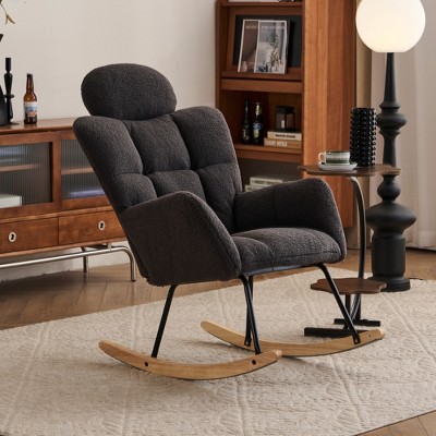 Teddy Fabric Upholstered Rocking Glider Chair, Mid Century Modern Accent Arm Chair with High Backrest and Pillows - ModernLuxe