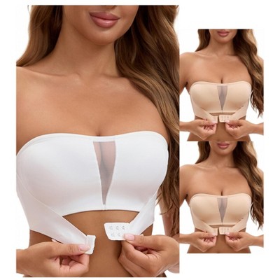 INSPIRE CHIC 3 Packs Women's Mesh Front Closure Push Up Wirefree Bandeau Strapless Breathable Tube Bras